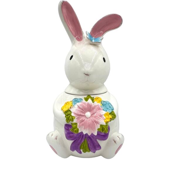 Pier 1 Imports China Easter Bunny Cookie Jar White Spring Flowers - Picture 1 of 7